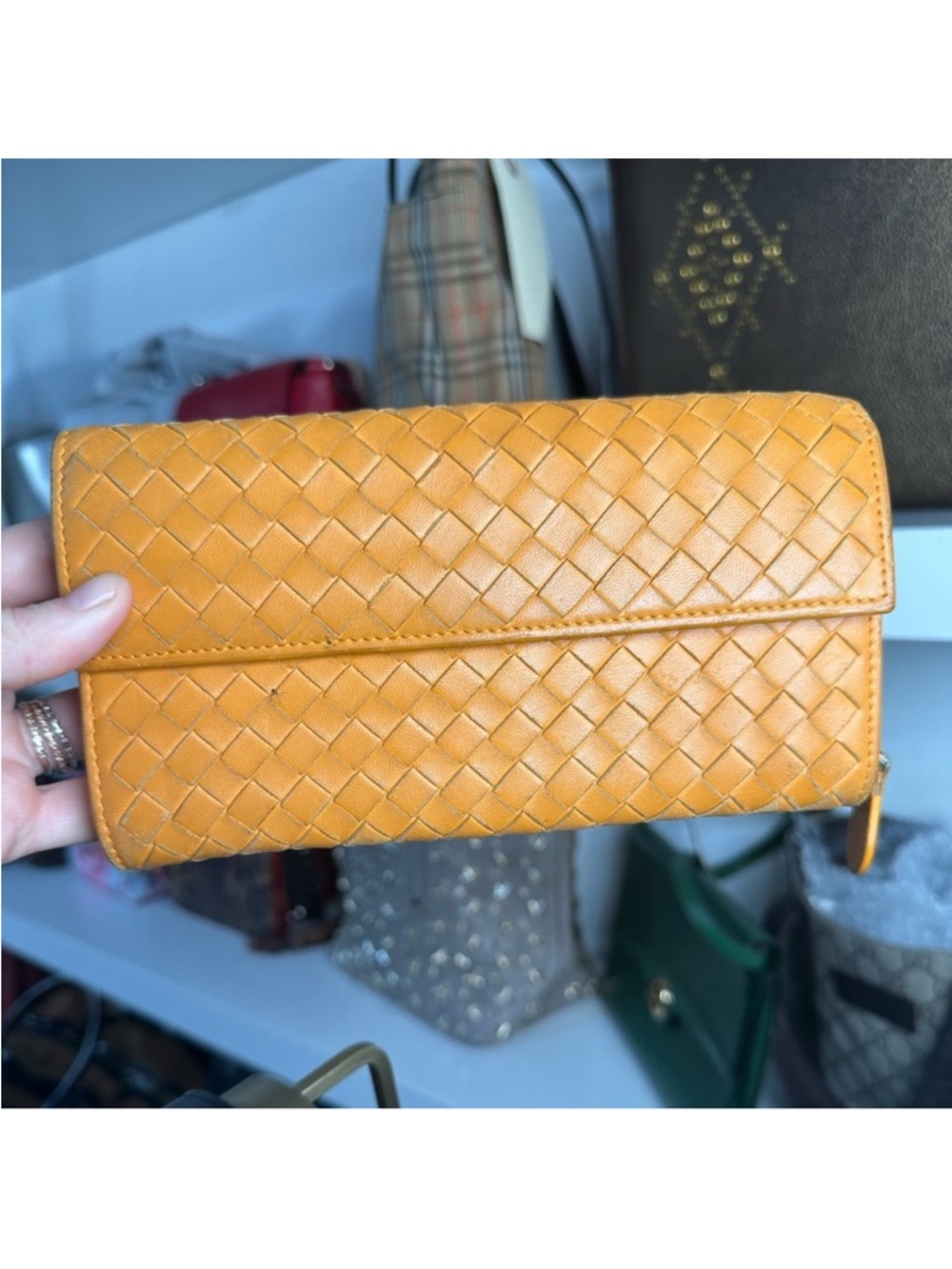 Bottega Veneta Woven Leather Fold-Over Wallet - Mustard